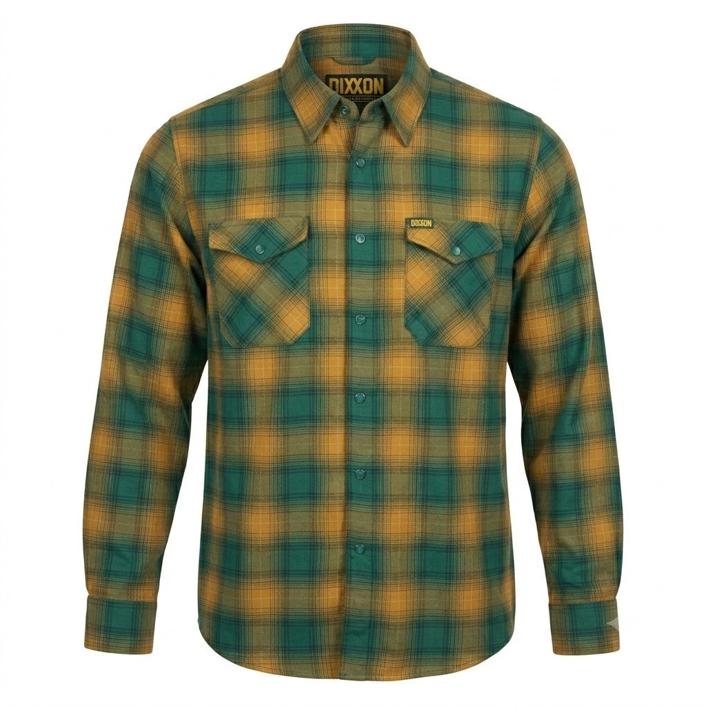 Dixxon Flannel Co The Bison Green Gold Plaid D-Tech Snap Front Shirt Mens Large